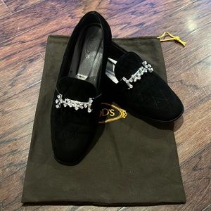 Tod’s Suede Rhinestone Bucket Loafers Size 39
